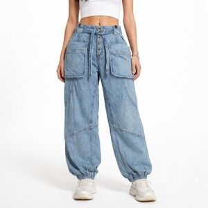 We the Free Utility Cargo JoggerJeans Blue‎ Button Fly Tie Waist Size 26